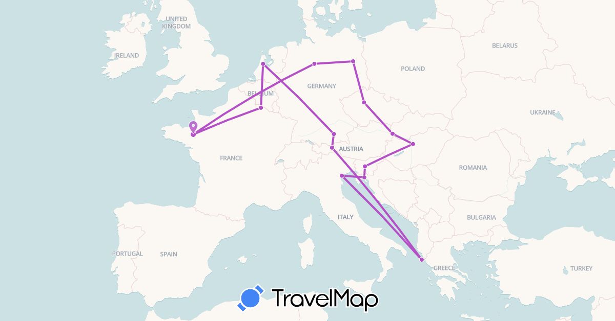 TravelMap itinerary: driving, train in Austria, Czech Republic, Germany, France, Greece, Croatia, Hungary, Italy, Netherlands, Slovenia, Slovakia (Europe)